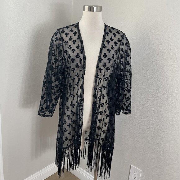 Hot Topic Tops - Hot Topic Mesh Kimono Jacket Womens M/L Black Sheer Mushroom Fringe Gothic